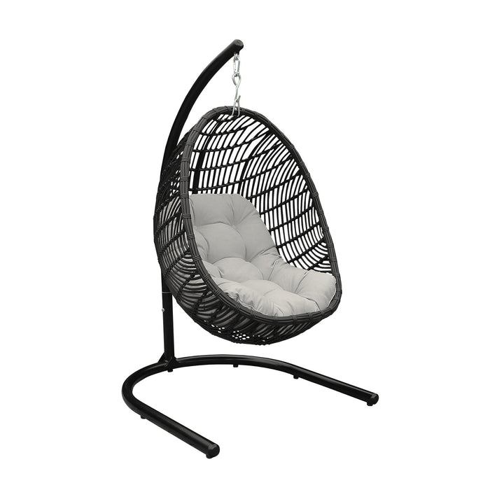 Rio Indoor Outdoor Hanging Egg Swing Chair in Gray Wicker with Black Iron Stand