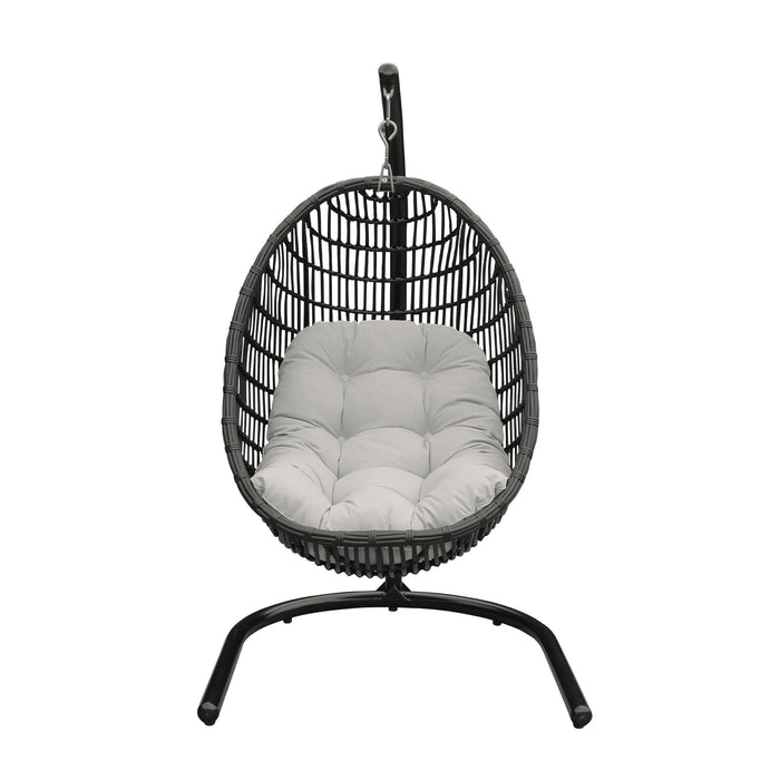 Rio Indoor Outdoor Hanging Egg Swing Chair in Gray Wicker with Black Iron Stand