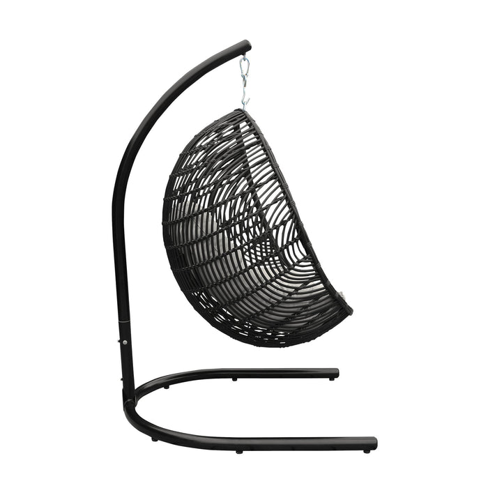 Rio Indoor Outdoor Hanging Egg Swing Chair in Gray Wicker with Black Iron Stand
