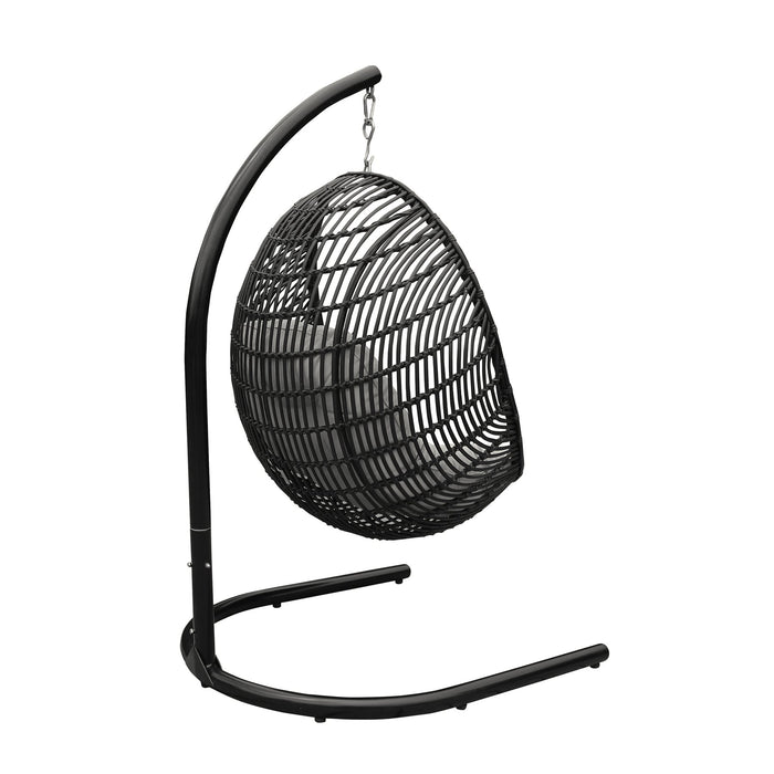 Rio Indoor Outdoor Hanging Egg Swing Chair in Gray Wicker with Black Iron Stand
