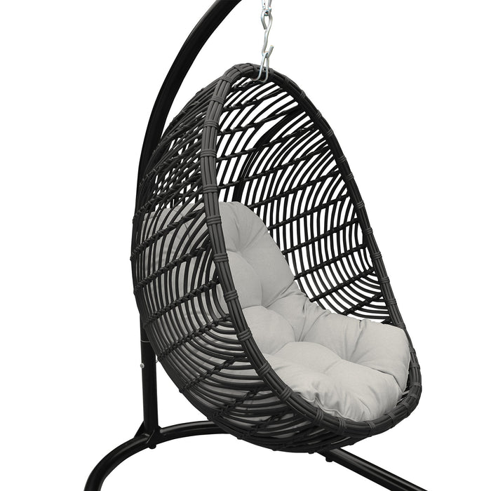 Rio Indoor Outdoor Hanging Egg Swing Chair in Gray Wicker with Black Iron Stand