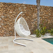Rio indoor Outdoor Hanging Egg Swing Chair in White Wicker with White Iron Stand - Furniture City (CA)l