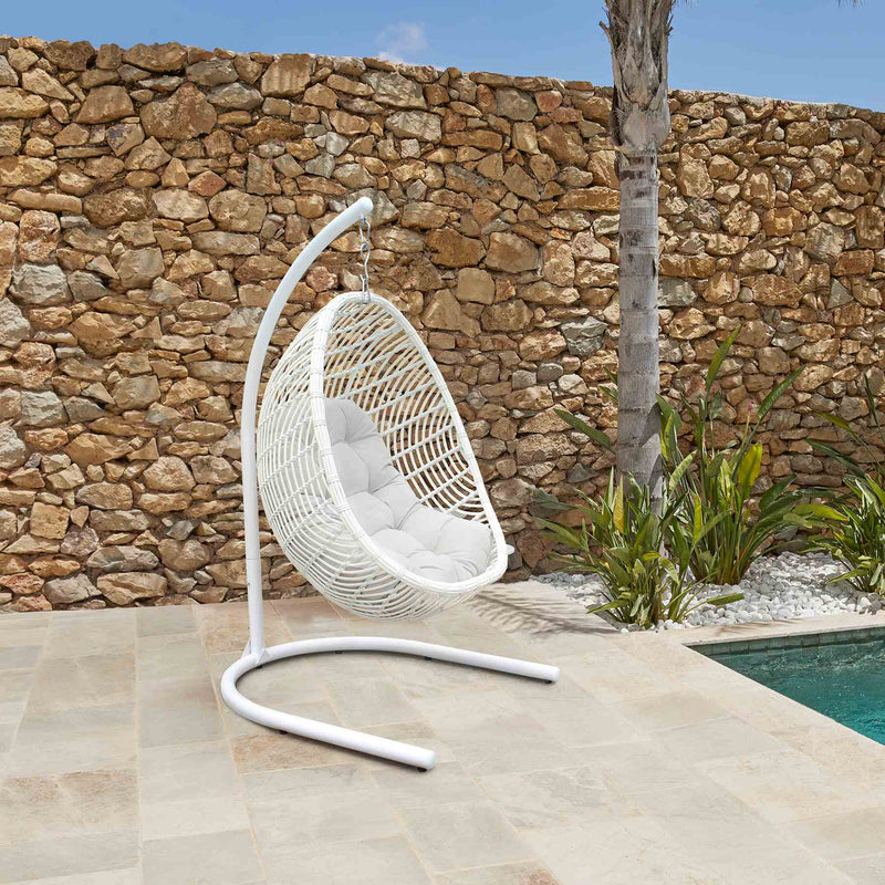 Rio indoor Outdoor Hanging Egg Swing Chair in White Wicker with White Iron Stand - Furniture City (CA)l