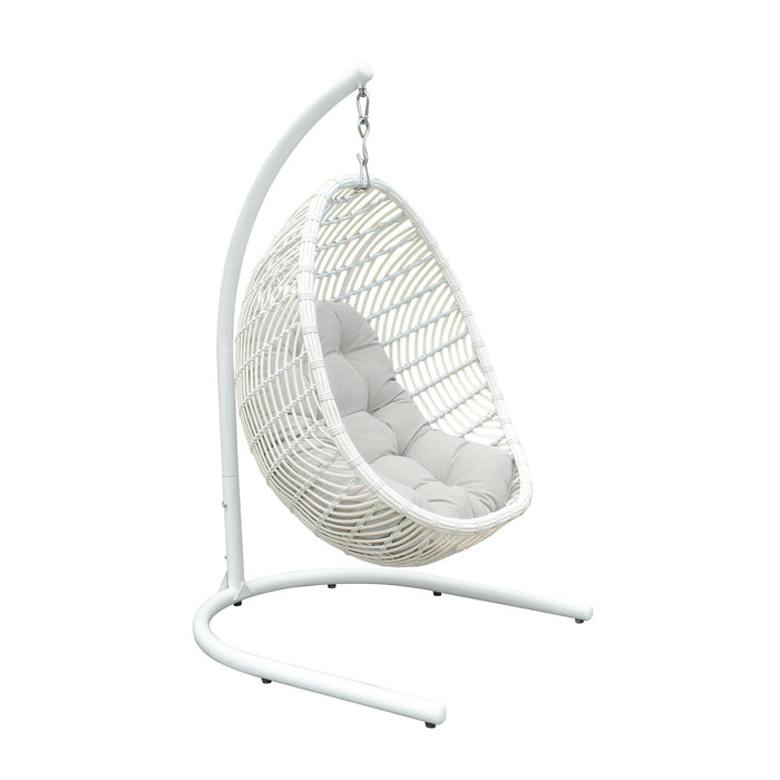 Rio indoor Outdoor Hanging Egg Swing Chair in White Wicker with White Iron Stand