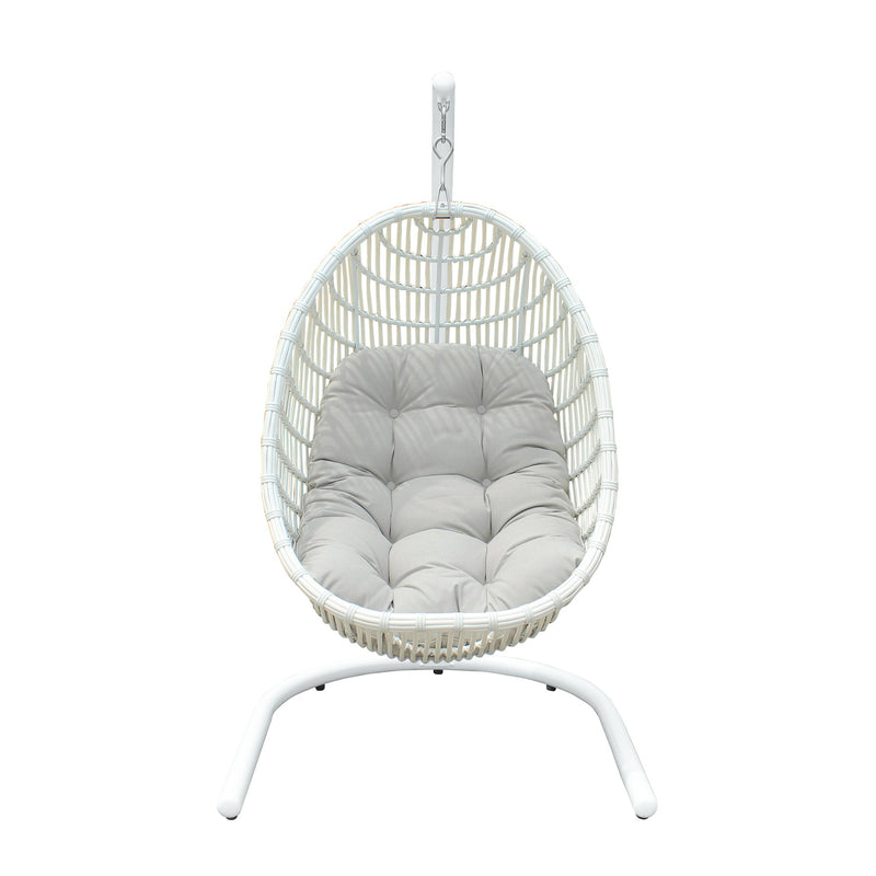 Rio indoor Outdoor Hanging Egg Swing Chair in White Wicker with White Iron Stand - Furniture City (CA)l