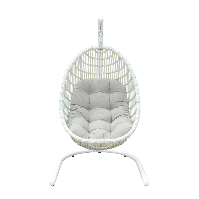 Rio indoor Outdoor Hanging Egg Swing Chair in White Wicker with White Iron Stand