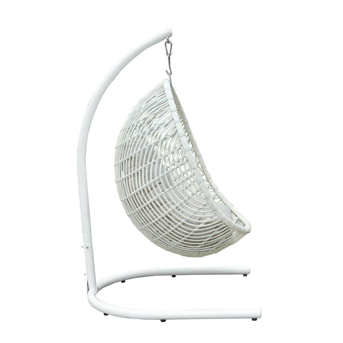 Rio indoor Outdoor Hanging Egg Swing Chair in White Wicker with White Iron Stand