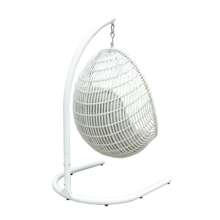 Rio indoor Outdoor Hanging Egg Swing Chair in White Wicker with White Iron Stand