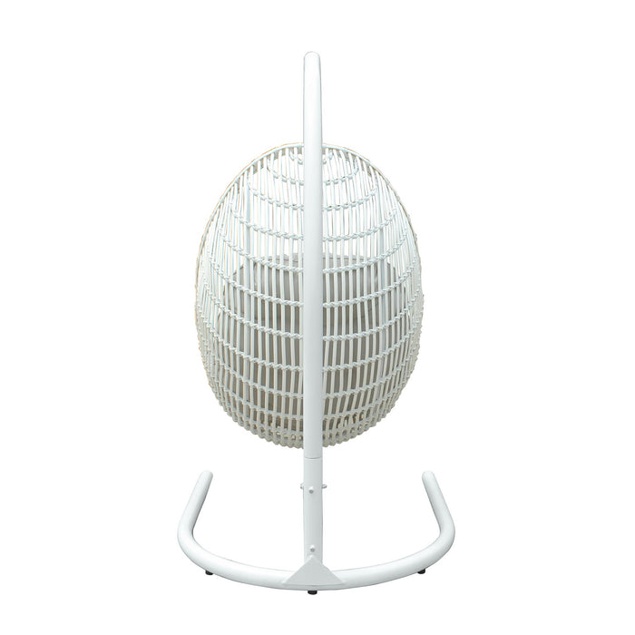 Rio indoor Outdoor Hanging Egg Swing Chair in White Wicker with White Iron Stand