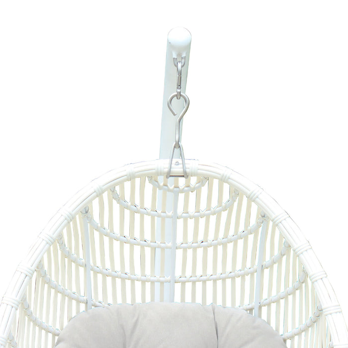Rio indoor Outdoor Hanging Egg Swing Chair in White Wicker with White Iron Stand