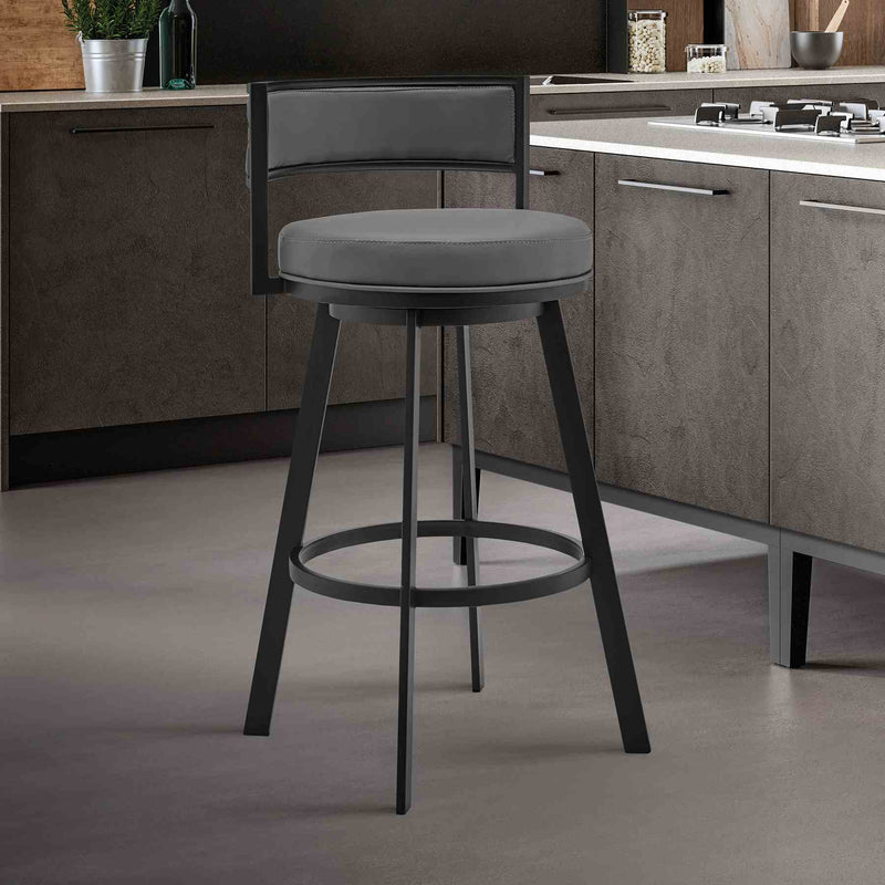 Roman 26" Gray Faux Leather and Black Metal Swivel Bar Stool - Furniture City (CA)l