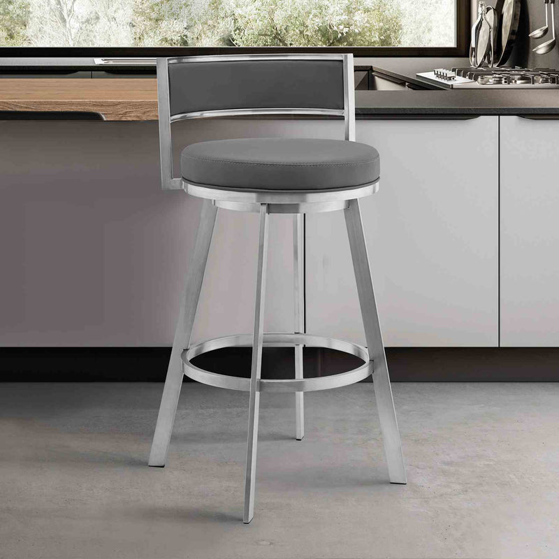 Roman 26" Gray Faux Leather and Brushed Stainless Steel Swivel Bar Stool - Furniture City (CA)l