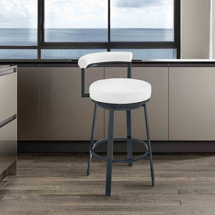 Reuben Swivel Counter or Bar Stool in Cloud Finish with White Faux Leather