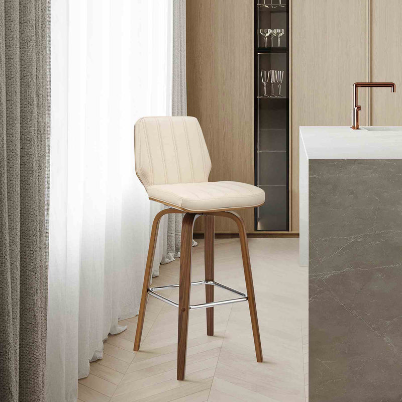 Renee 30" Swivel Cream Faux Leather and Walnut Wood Bar Stool - Furniture City (CA)l