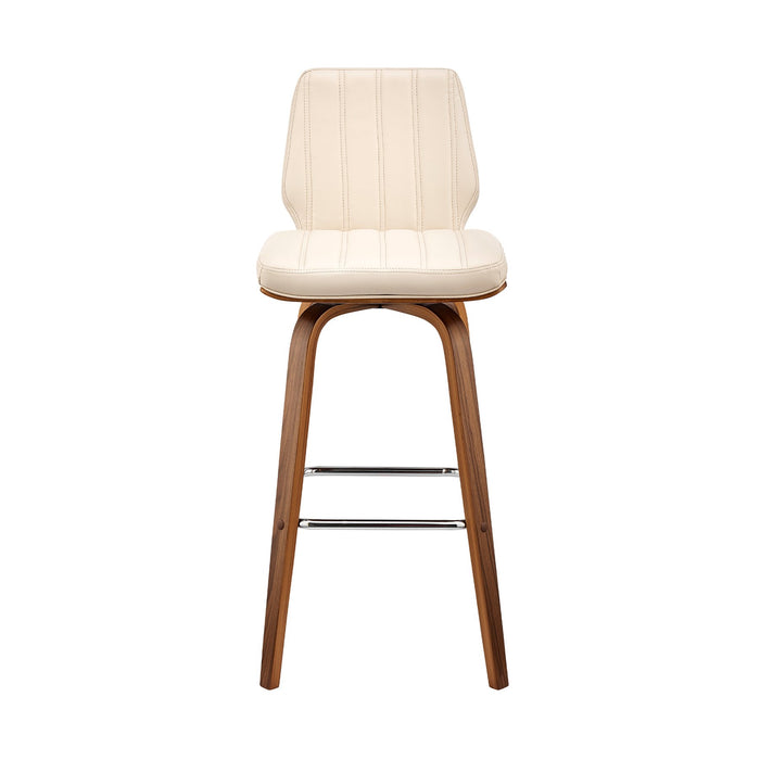 Renee 30" Swivel Cream Faux Leather and Walnut Wood Bar Stool