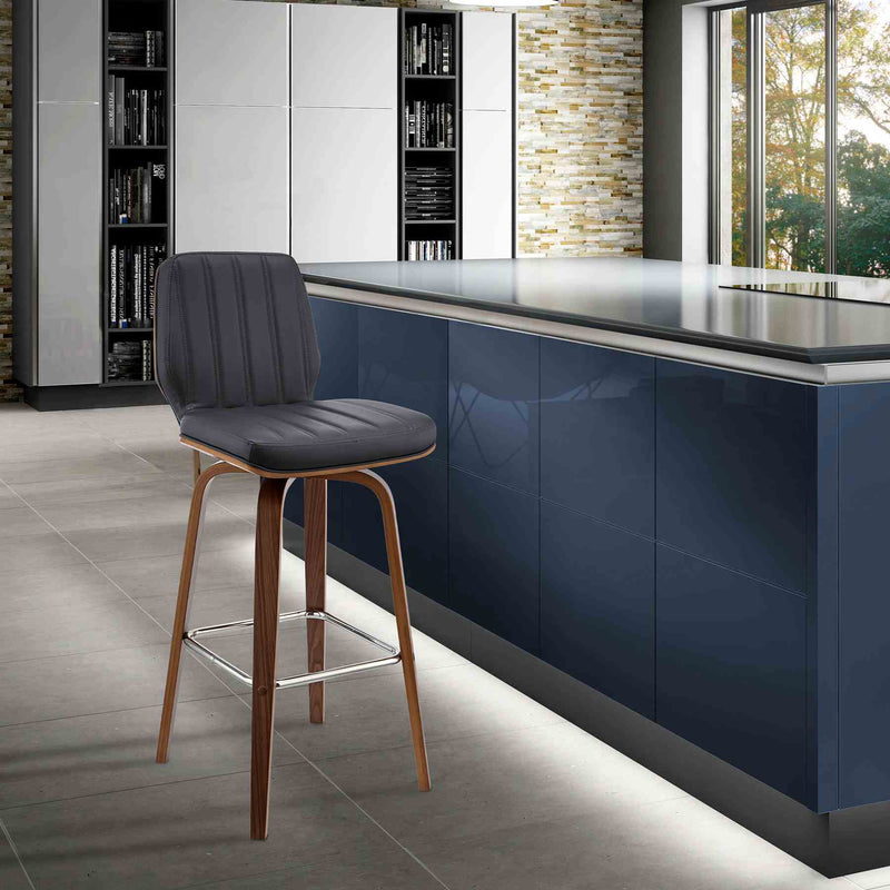 Renee 26" Swivel Gray Faux Leather and Walnut Wood Bar Stool - Furniture City (CA)l