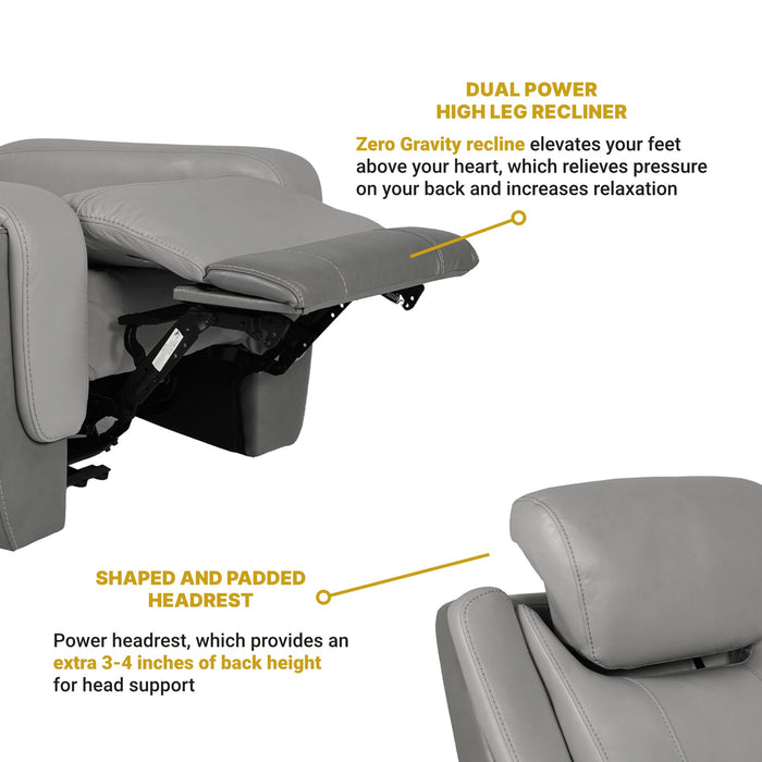 Rosalyn Zero Gravity Power Recliner in Silver and Gray Leather with Power Headrest