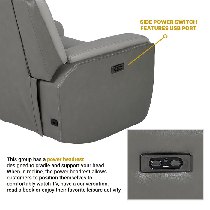 Rosalyn Zero Gravity Power Recliner in Silver and Gray Leather with Power Headrest