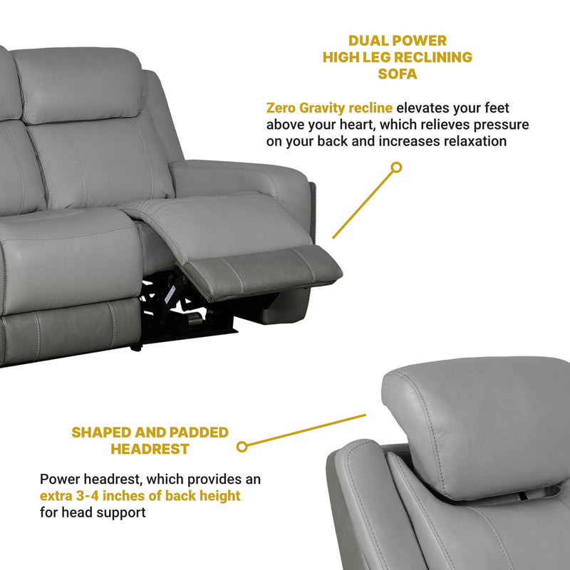 Rosalyn 87" Zero Gravity Power Reclining Sofa with Dropdown Console in Silver and Gray Leather - Furniture City (CA)l