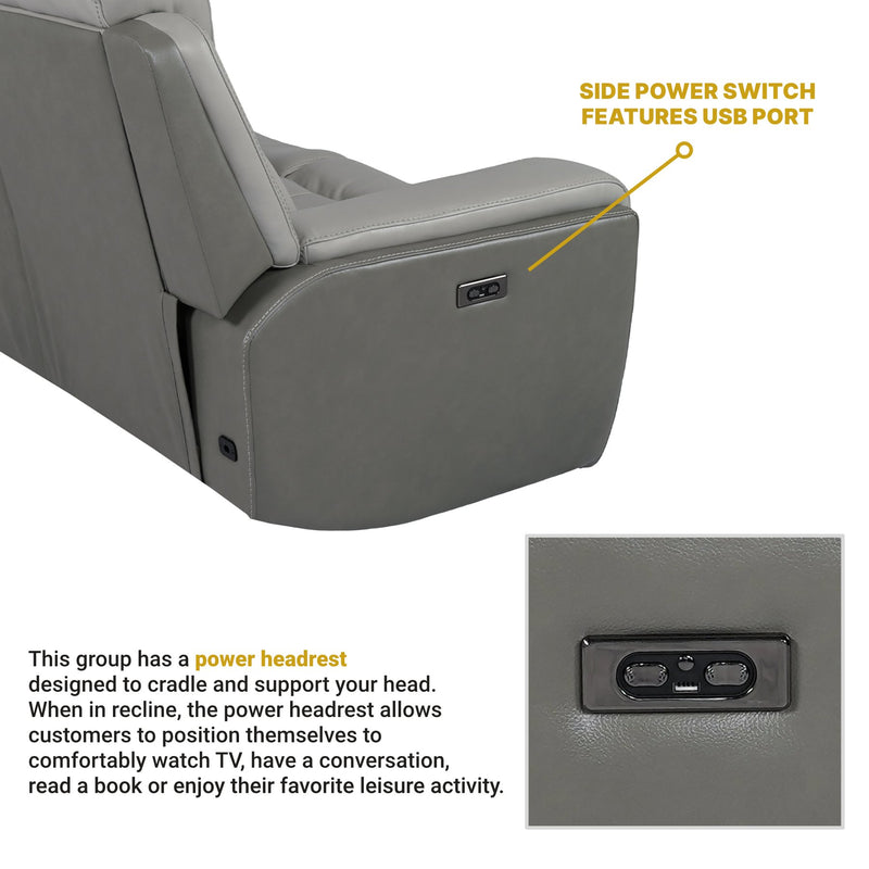 Rosalyn 87" Zero Gravity Power Reclining Sofa with Dropdown Console in Silver and Gray Leather - Furniture City (CA)l