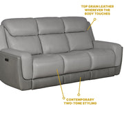Rosalyn 87" Zero Gravity Power Reclining Sofa with Dropdown Console in Silver and Gray Leather - Furniture City (CA)l