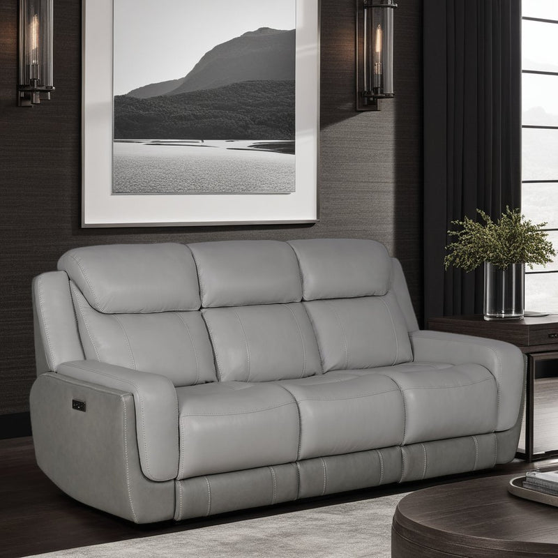 Rosalyn 87" Zero Gravity Power Reclining Sofa with Dropdown Console in Silver and Gray Leather - Furniture City (CA)l