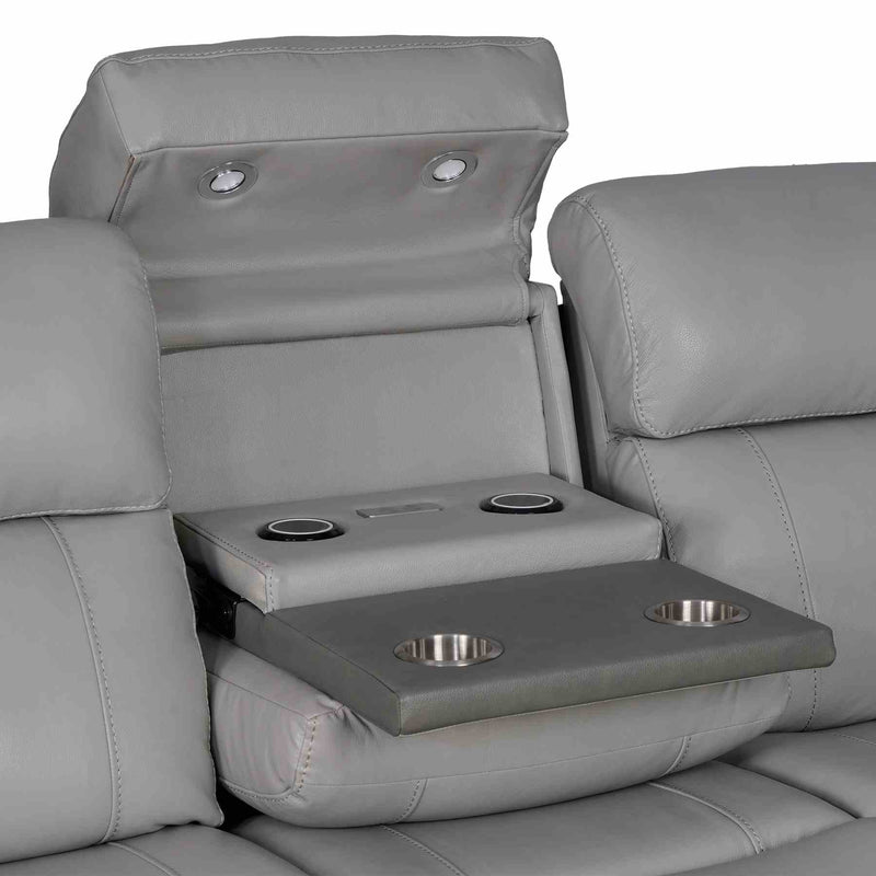 Rosalyn 87" Zero Gravity Power Reclining Sofa with Dropdown Console in Silver and Gray Leather - Furniture City (CA)l