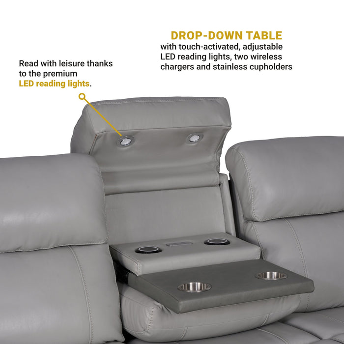 Rosalyn 87" Zero Gravity Power Reclining Sofa with Dropdown Console in Silver and Gray Leather