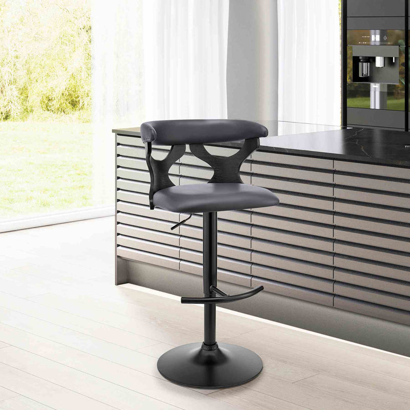 Ruth Adjustable Swivel Gray Faux Leather and Black Wood Bar Stool with Black Base - Furniture City (CA)l