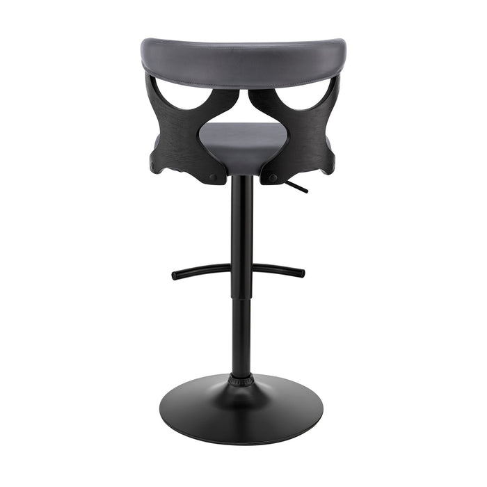 Ruth Adjustable Swivel Gray Faux Leather and Black Wood Bar Stool with Black Base