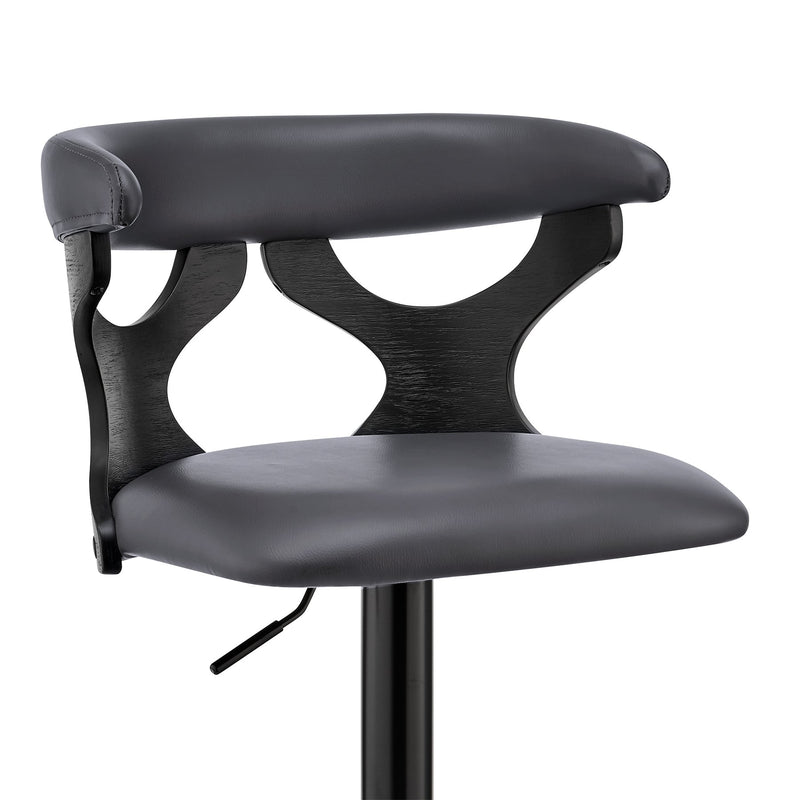Ruth Adjustable Swivel Gray Faux Leather and Black Wood Bar Stool with Black Base - Furniture City (CA)l