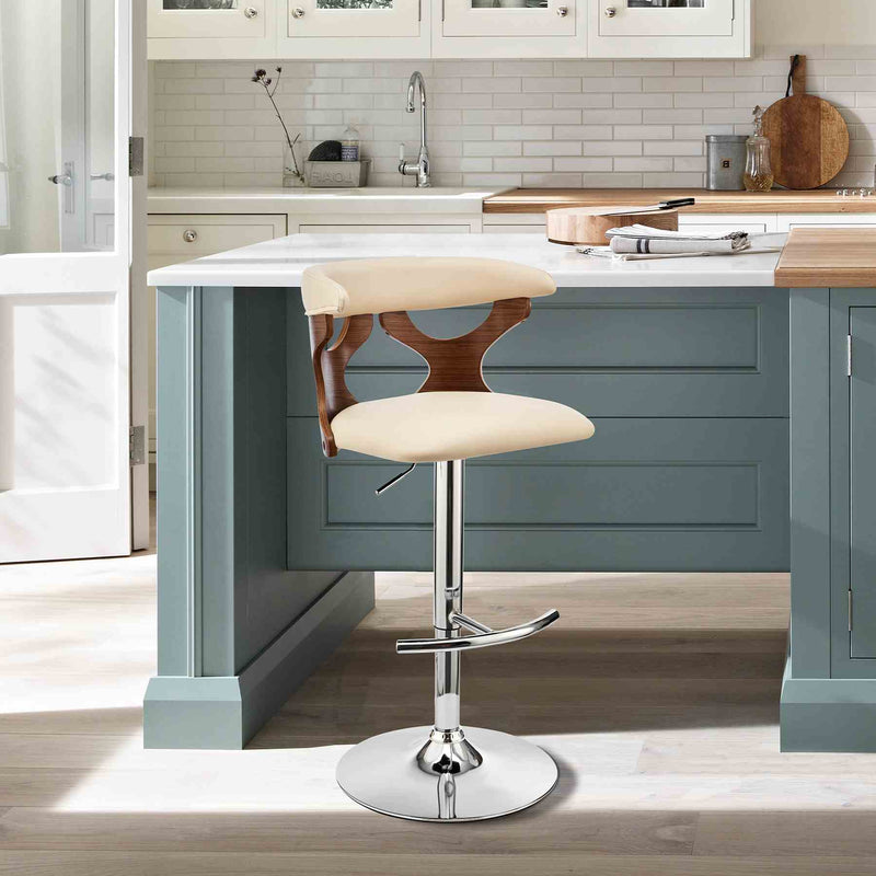Ruth Adjustable Swivel Cream Faux Leather and Walnut Wood Bar Stool with Chrome Base - Furniture City (CA)l