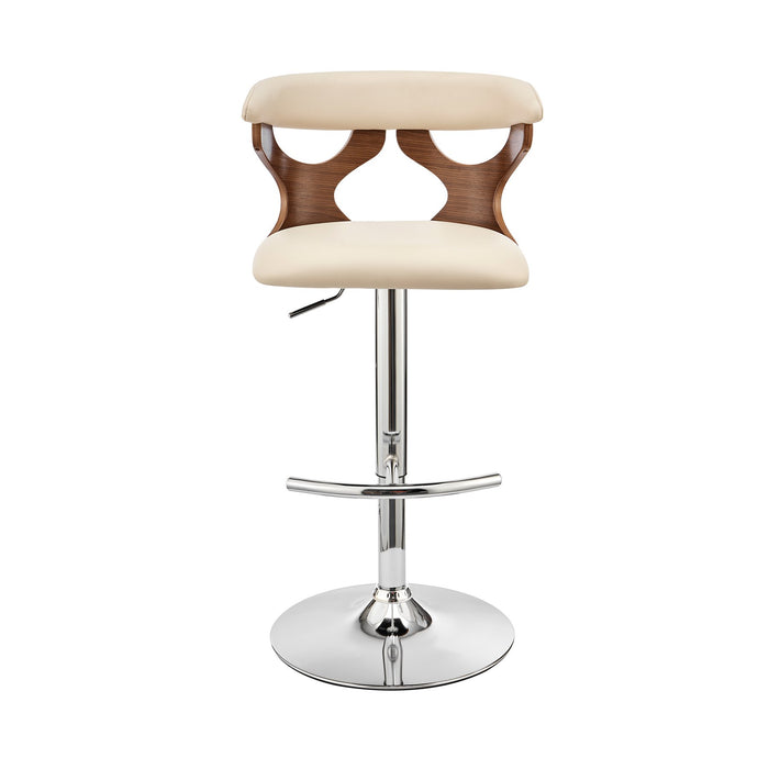 Ruth Adjustable Swivel Cream Faux Leather and Walnut Wood Bar Stool with Chrome Base