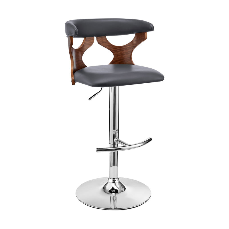 Ruth Adjustable Swivel Gray Faux Leather and Walnut Wood Bar Stool with Chrome Base - Furniture City (CA)l