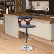 Ruth Adjustable Swivel Gray Faux Leather and Walnut Wood Bar Stool with Chrome Base - Furniture City (CA)l