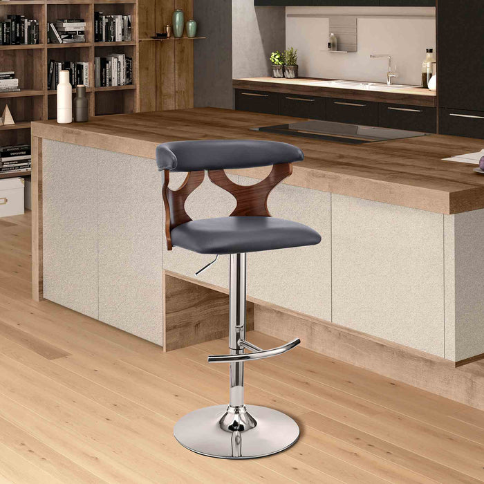 Ruth Adjustable Swivel Gray Faux Leather and Walnut Wood Bar Stool with Chrome Base