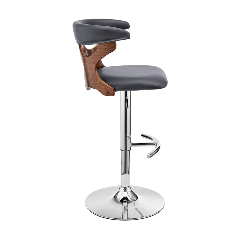 Ruth Adjustable Swivel Gray Faux Leather and Walnut Wood Bar Stool with Chrome Base - Furniture City (CA)l