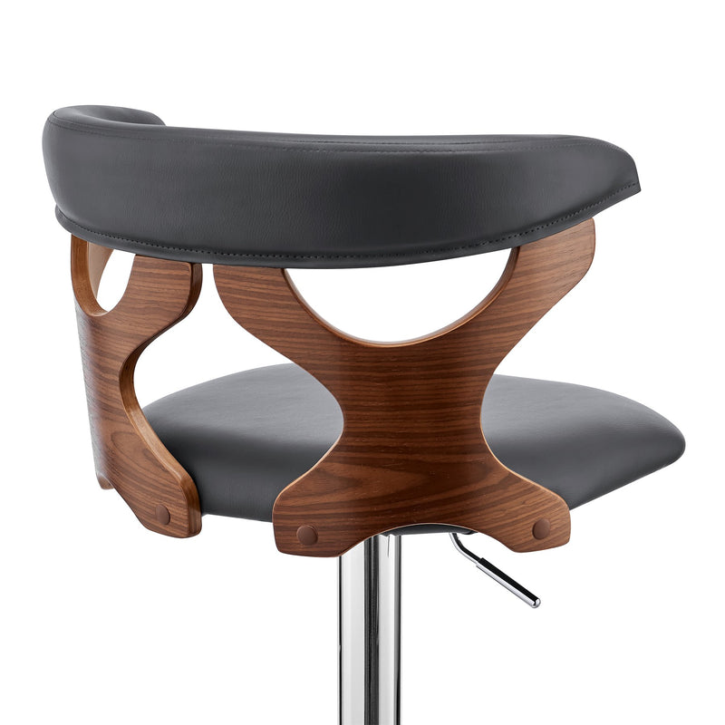 Ruth Adjustable Swivel Gray Faux Leather and Walnut Wood Bar Stool with Chrome Base - Furniture City (CA)l