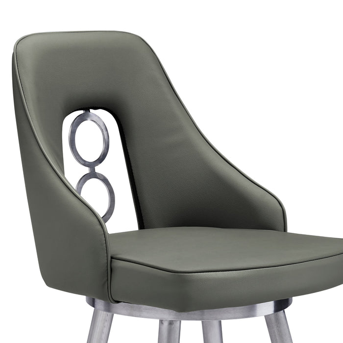 Ruby 26" Counter Height Swivel Gray Faux Leather and Brushed Stainless Steel Bar Stool