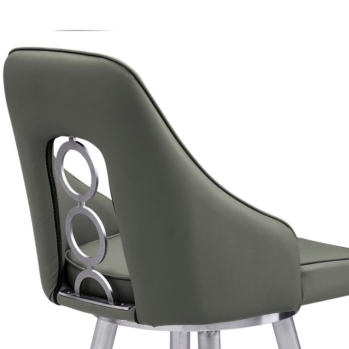 Ruby 26" Counter Height Swivel Gray Faux Leather and Brushed Stainless Steel Bar Stool
