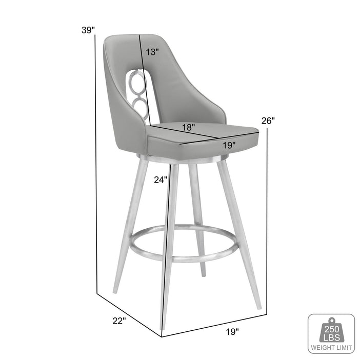 Ruby 26" Counter Height Swivel Gray Faux Leather and Brushed Stainless Steel Bar Stool