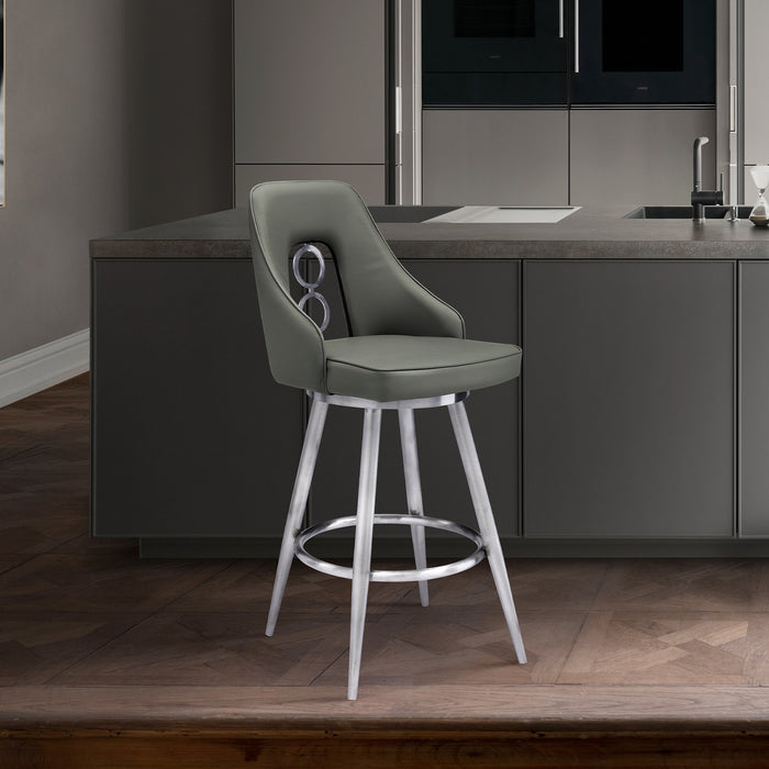 Ruby 26" Counter Height Swivel Gray Faux Leather and Brushed Stainless Steel Bar Stool