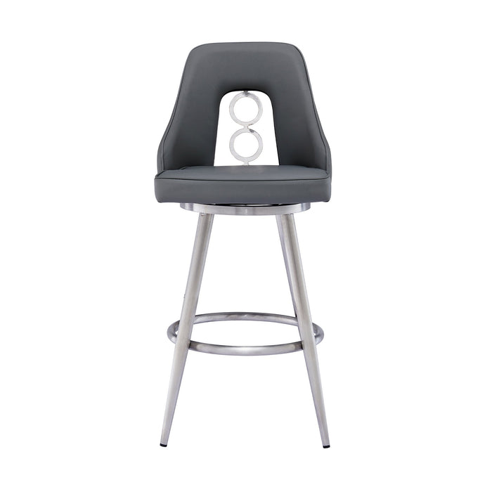 Ruby 30" Bar Height Swivel Black Faux Leather and Brushed Stainless Steel Bar Stool