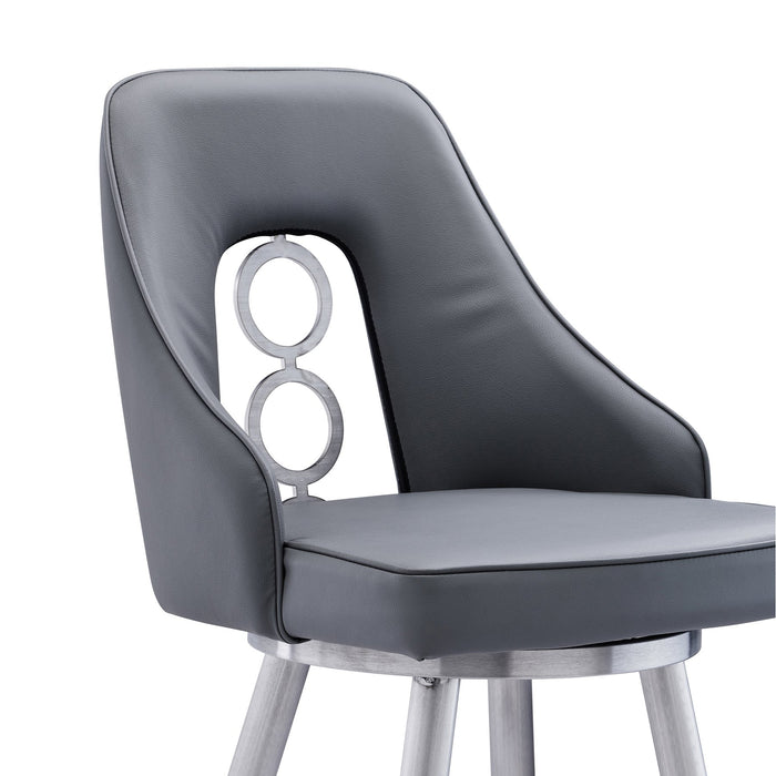 Ruby 30" Bar Height Swivel Black Faux Leather and Brushed Stainless Steel Bar Stool