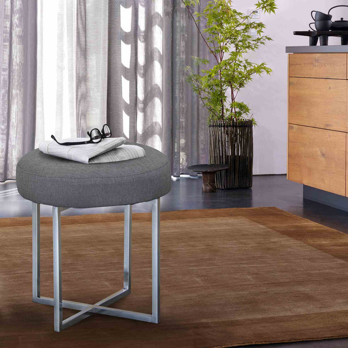 Rory Contemporary Ottoman in Polished Stainless Steel Finish Base and Gray Fabric