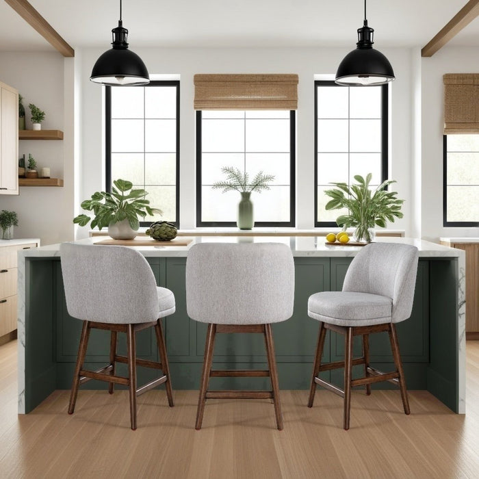 Sadie Brown Solid Wood Upholstered 26" Counter Height Swivel Barstool with Taupe Fabric Seat