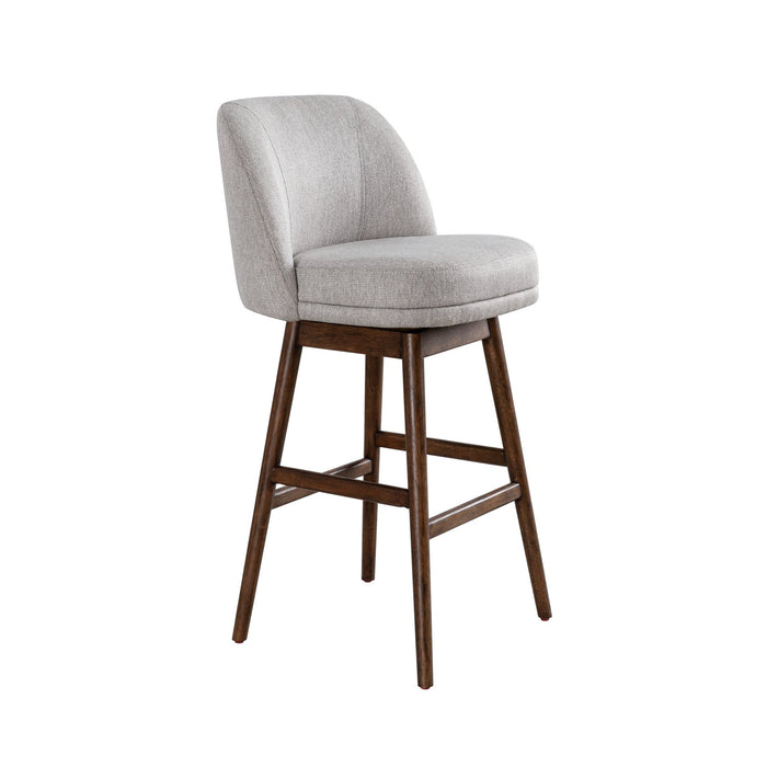 Sadie Brown Solid Wood Upholstered 30" Bar Height Swivel Barstool with Taupe Fabric Seat
