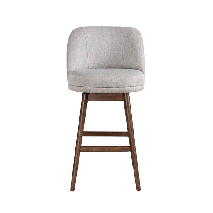Sadie Brown Solid Wood Upholstered 30" Bar Height Swivel Barstool with Taupe Fabric Seat