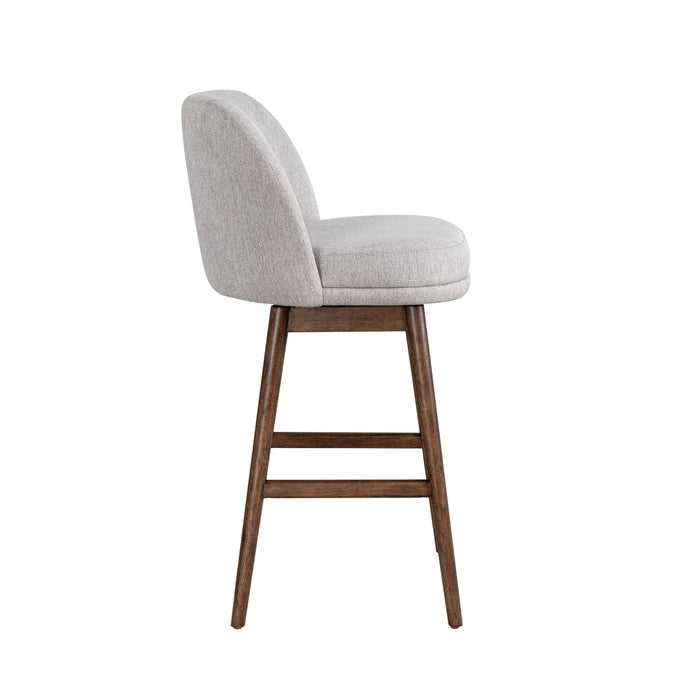 Sadie Brown Solid Wood Upholstered 30" Bar Height Swivel Barstool with Taupe Fabric Seat