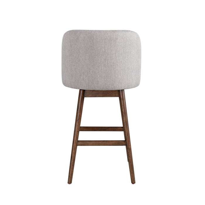 Sadie Brown Solid Wood Upholstered 30" Bar Height Swivel Barstool with Taupe Fabric Seat